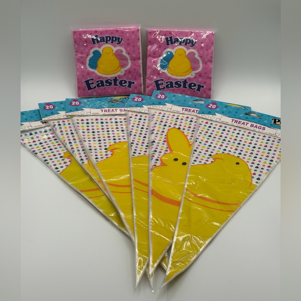 Lot of 6 Peeps Happy Easter Yellow Duck Treat Bags & 2 Packages Of Napkins